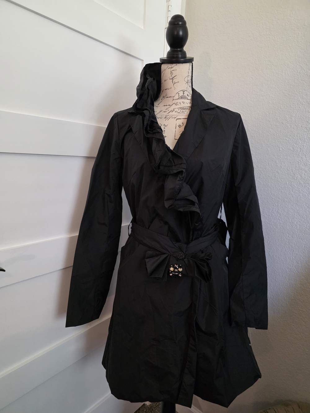 Black Ruffle-Trim Women's Trench Coat